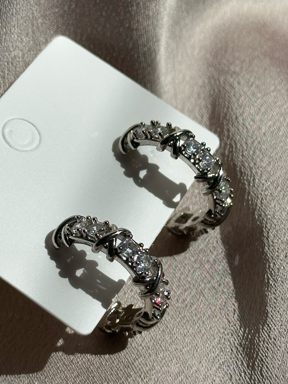 Silver Hoop Earrings with Clear Crystal Zirconia Accents